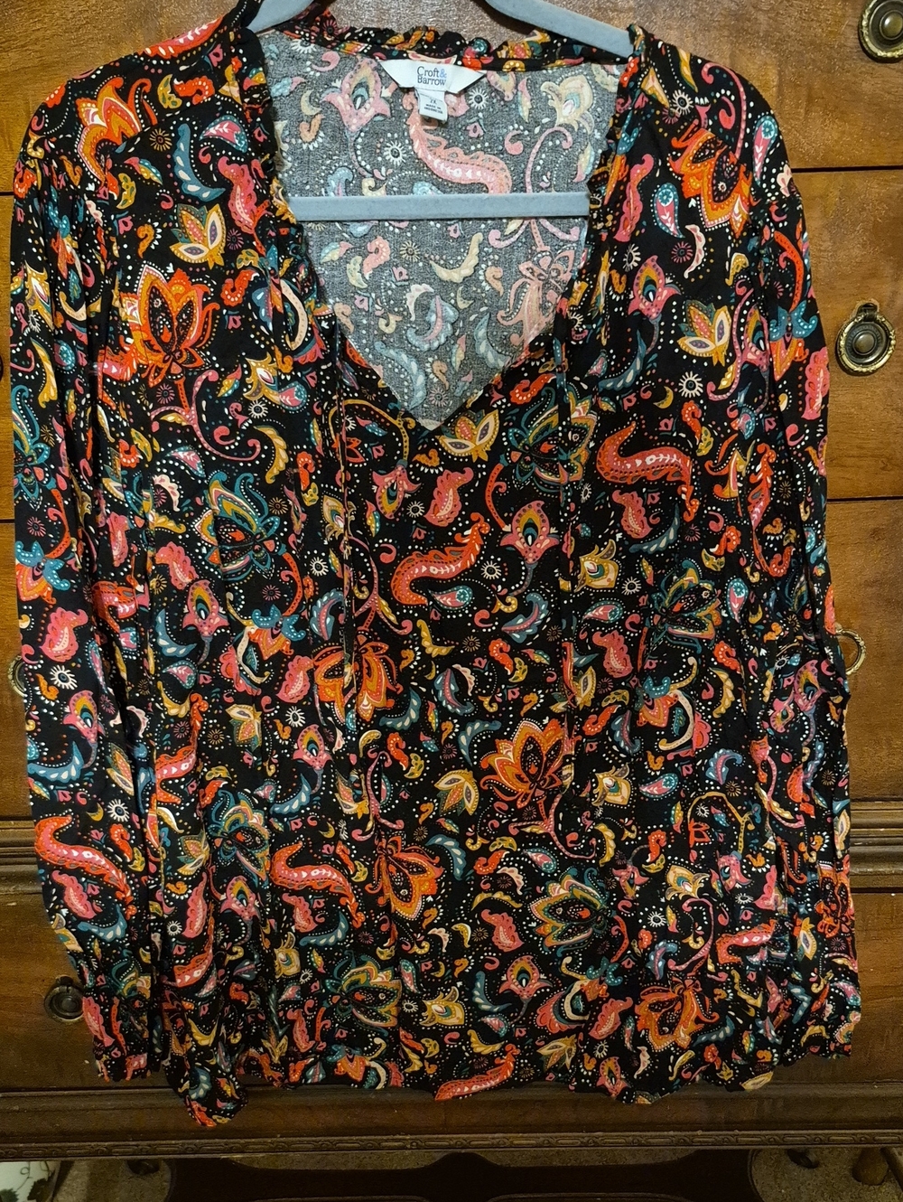 croft & barrow Black Paisley V-Neck Blouse with Coral, Teal and Orange Accents